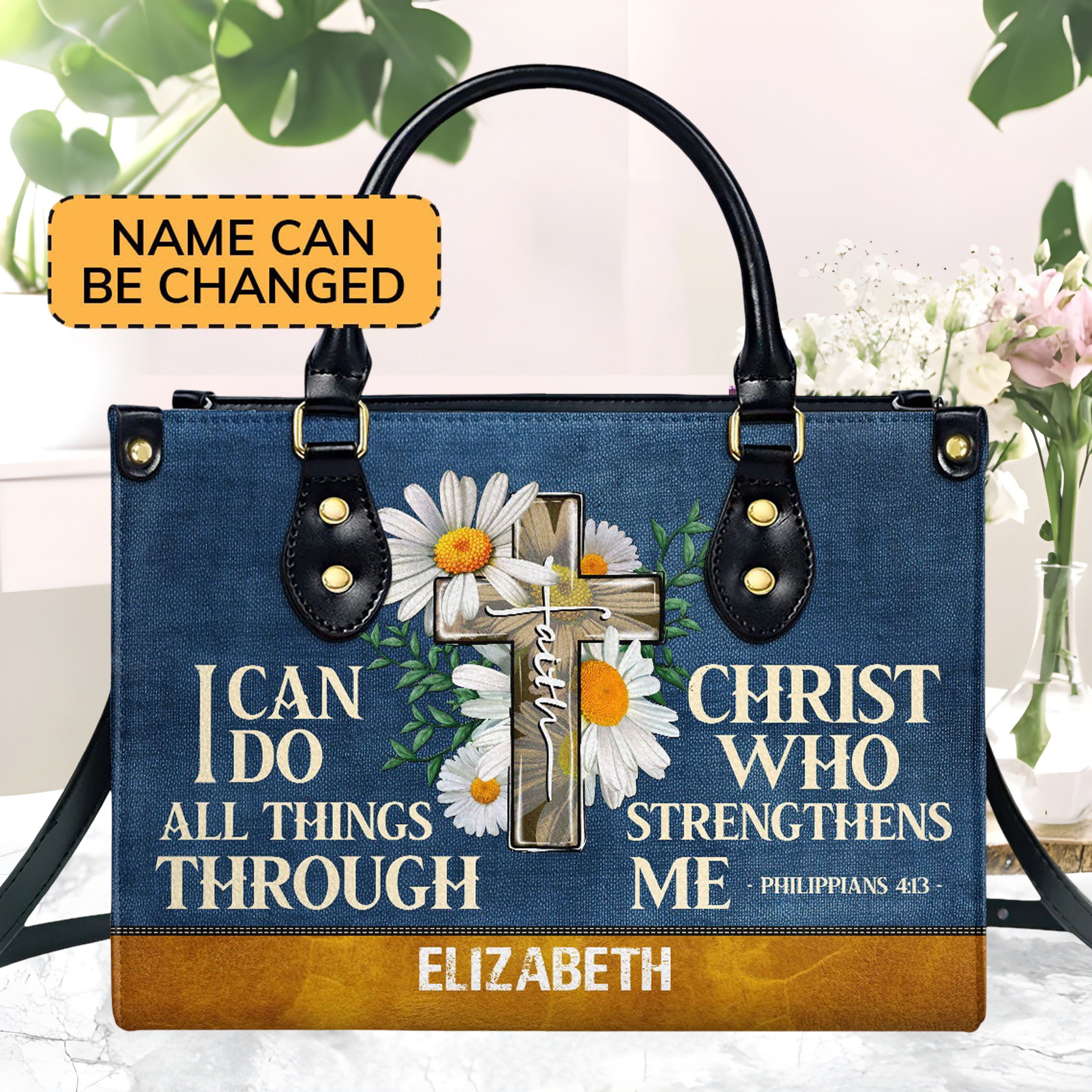 Personalized Christian Leather Handbag, I Can Do All Things Through Christ Philippians 4:13 Purse with Cross & Daisies, Gift for Women BLAF34